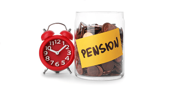 a red alarm clock sitting next to a glass jar pull of pennies labeled "pension"